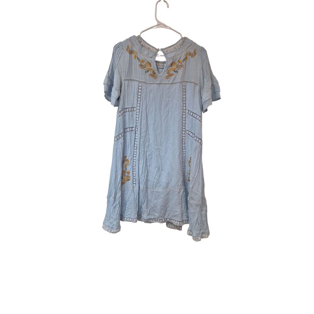 Brass & Roe Light Blue Embroidered Floral Swing Dress Lace Trim Flutter Sleeve M - Picture 4 of 16